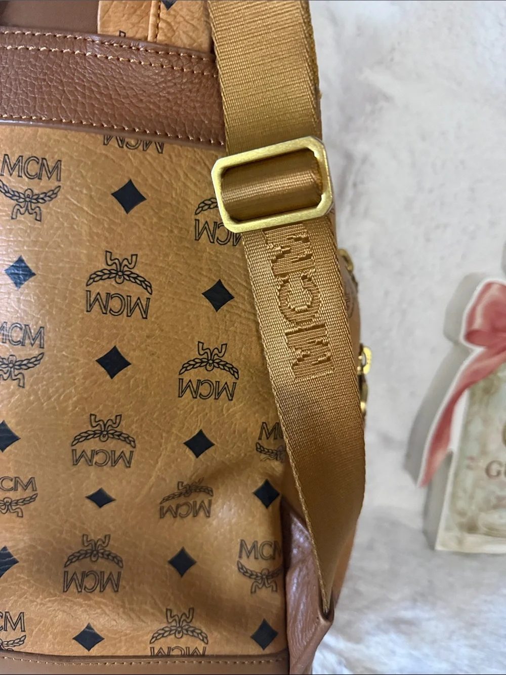 MCM Cognac Visetos Monogram Studded 2- Way Backpack Removable Pouch and Strap